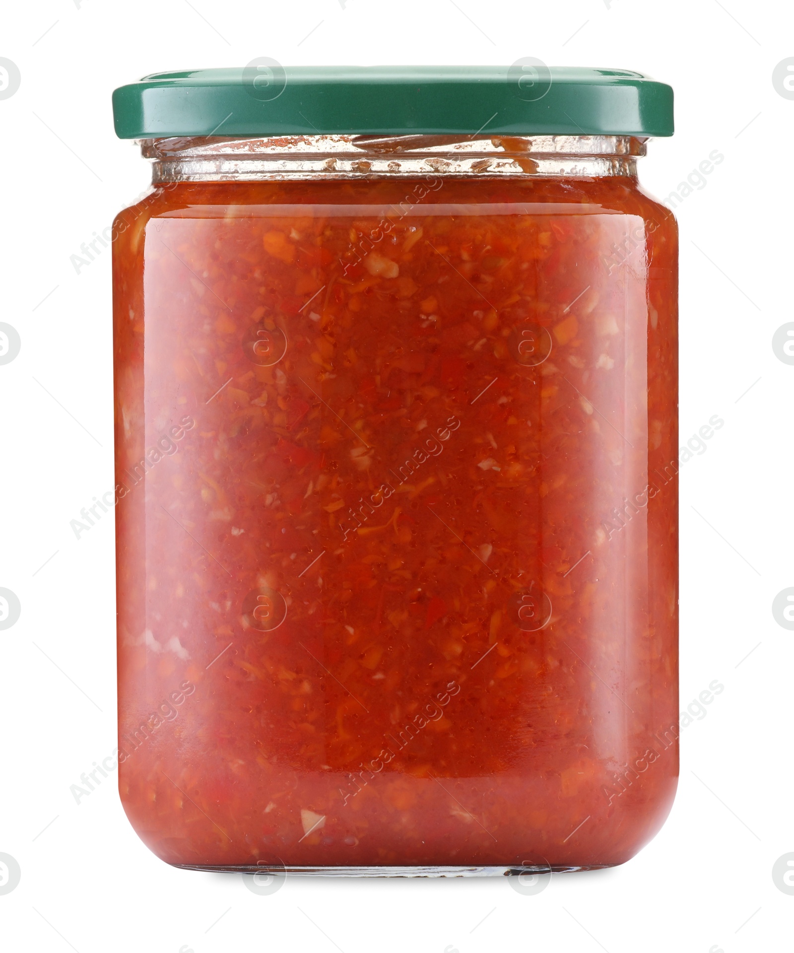 Tasty lecho in jar isolated on white Photo of Tasty lecho in jar isolated on white
