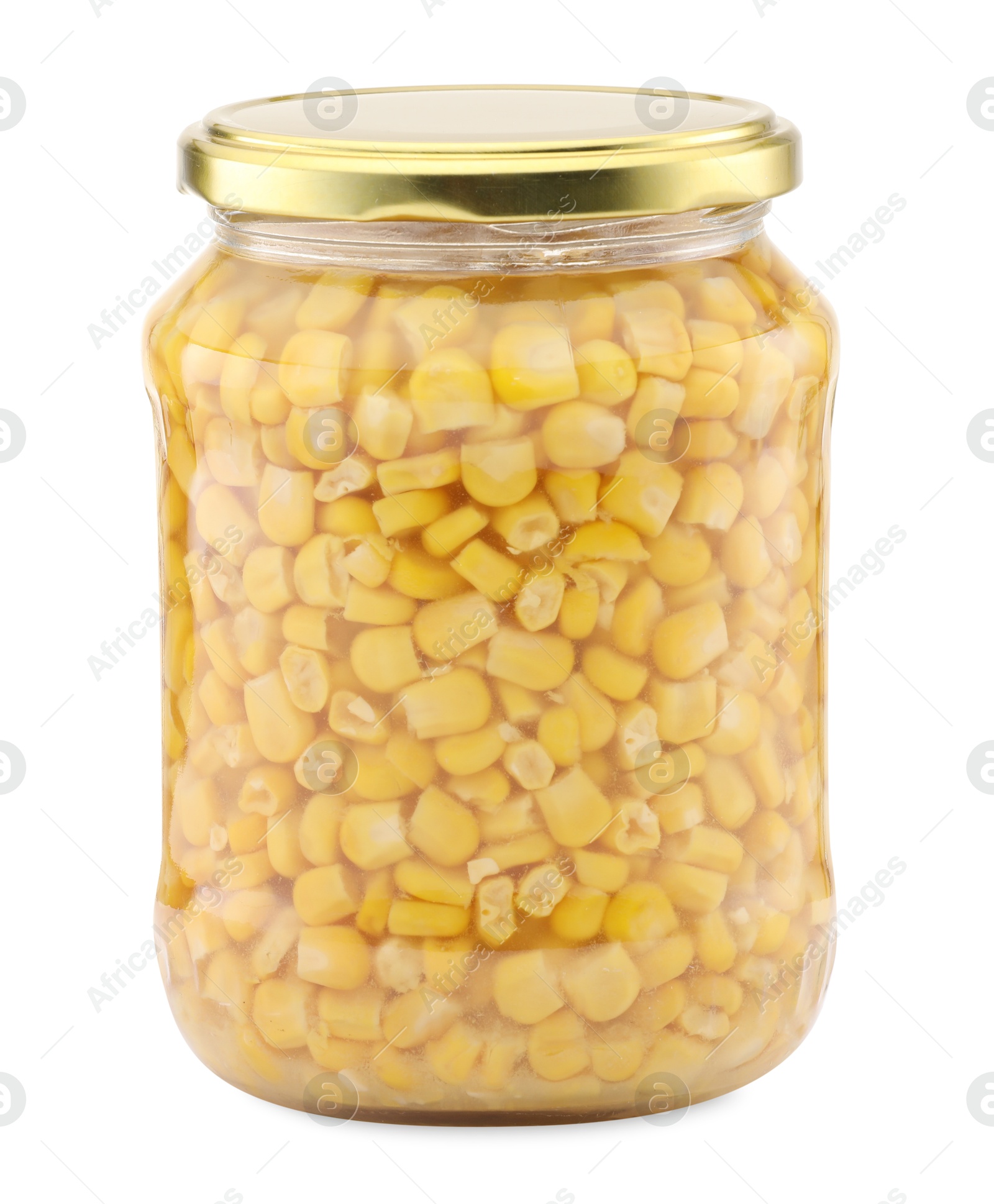Tasty pickled corn kernels in jar isolated on white Photo of Tasty pickled corn kernels in jar isolated on white