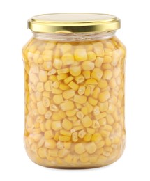 Photo of Tasty pickled corn kernels in jar isolated on white