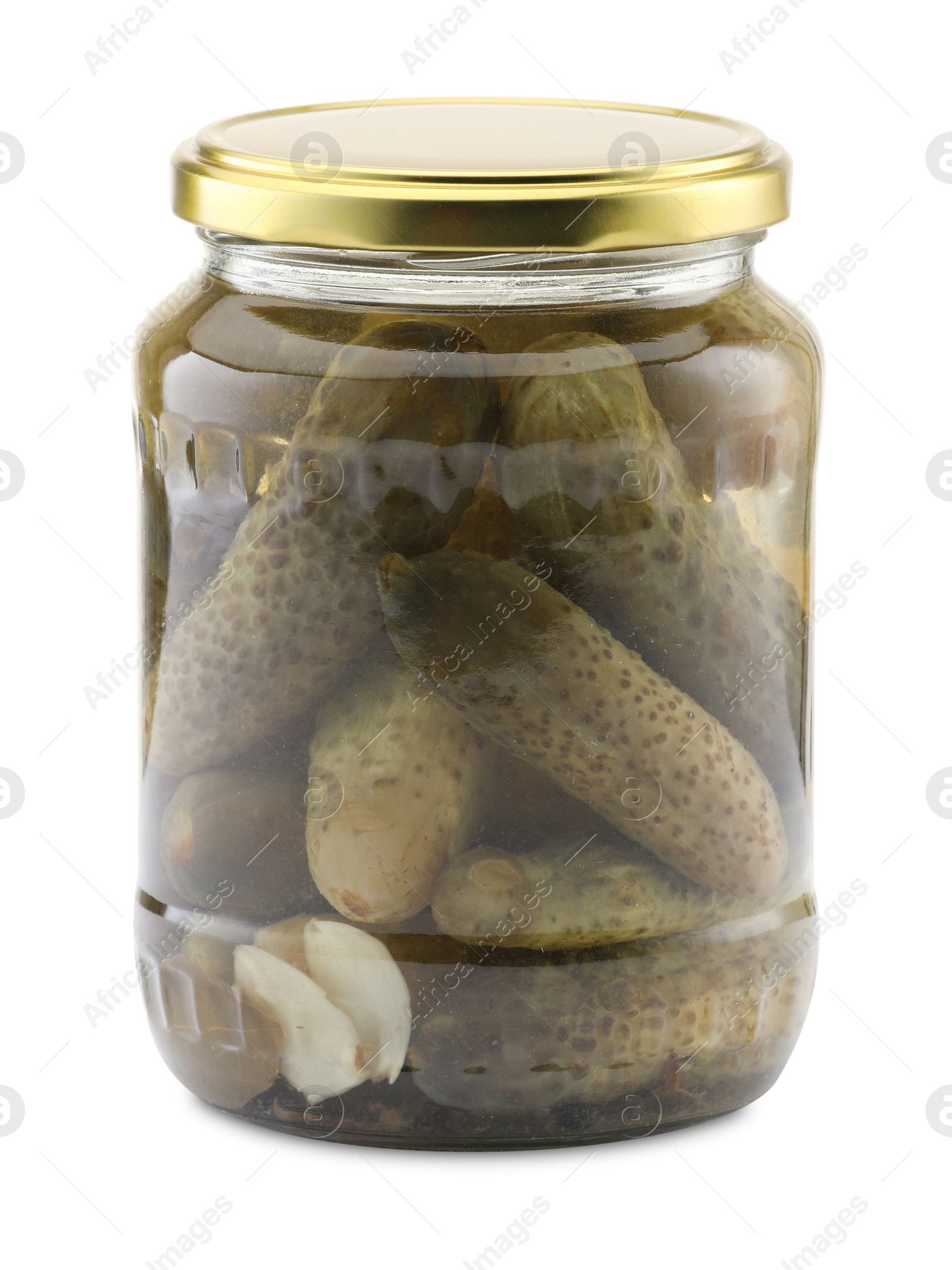 Tasty pickles in jar isolated on white Photo of Tasty pickles in jar isolated on white