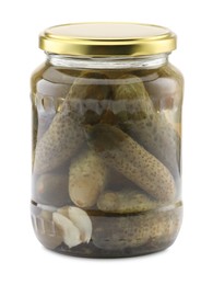 Photo of Tasty pickles in jar isolated on white