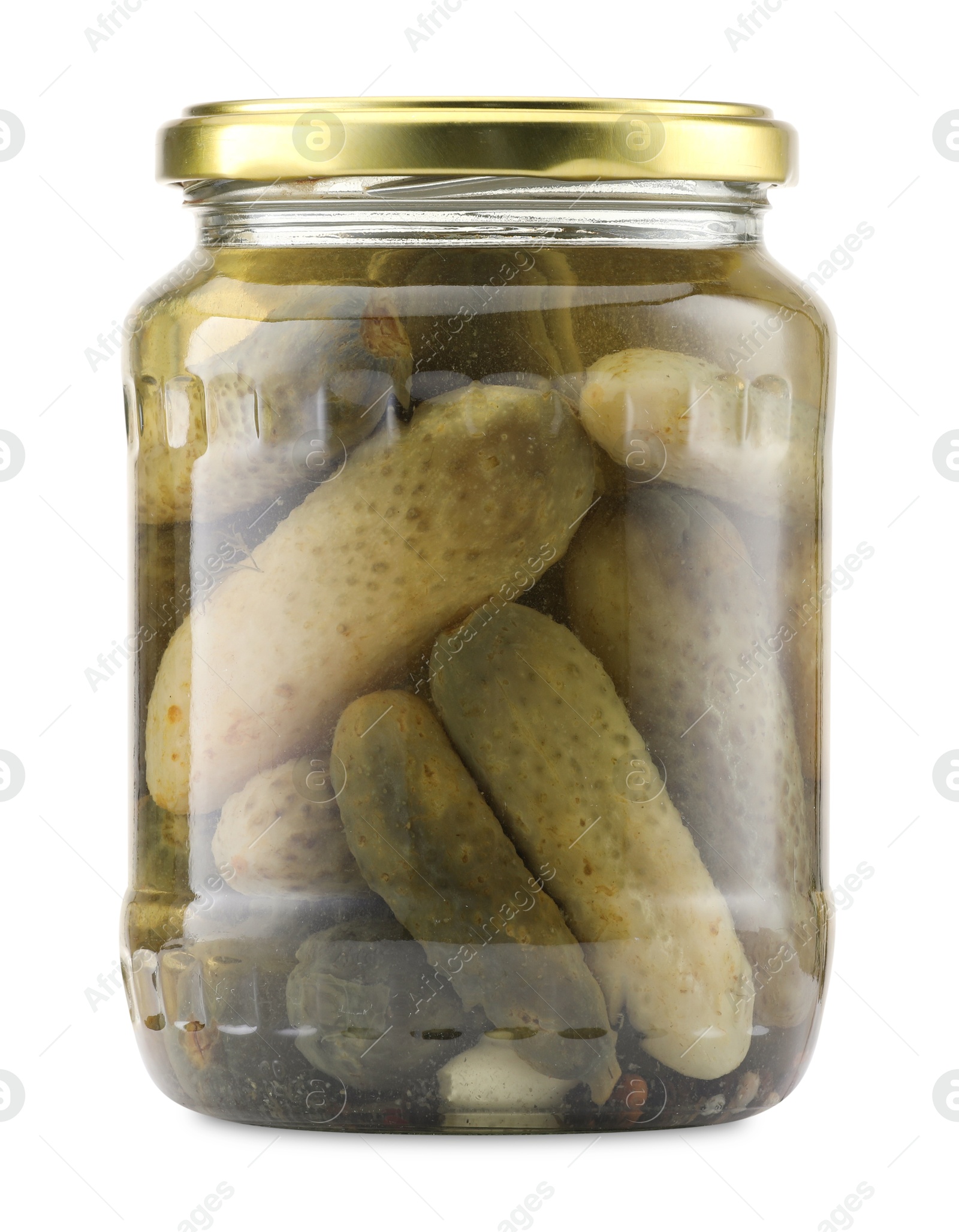 Tasty pickles in jar isolated on white Photo of Tasty pickles in jar isolated on white