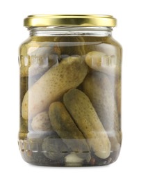 Photo of Tasty pickles in jar isolated on white