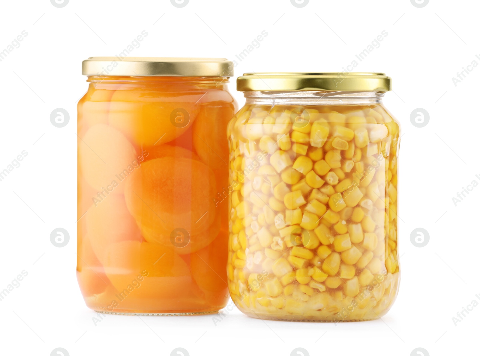 Tasty pickled products in jars isolated on white Photo of Tasty pickled products in jars isolated on white