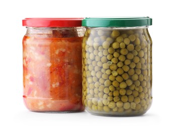 Photo of Tasty pickled products in jars isolated on white
