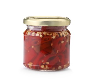 Photo of Tasty pickled peppers in jar isolated on white
