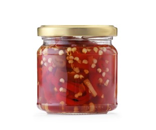 Photo of Tasty pickled peppers in jar isolated on white