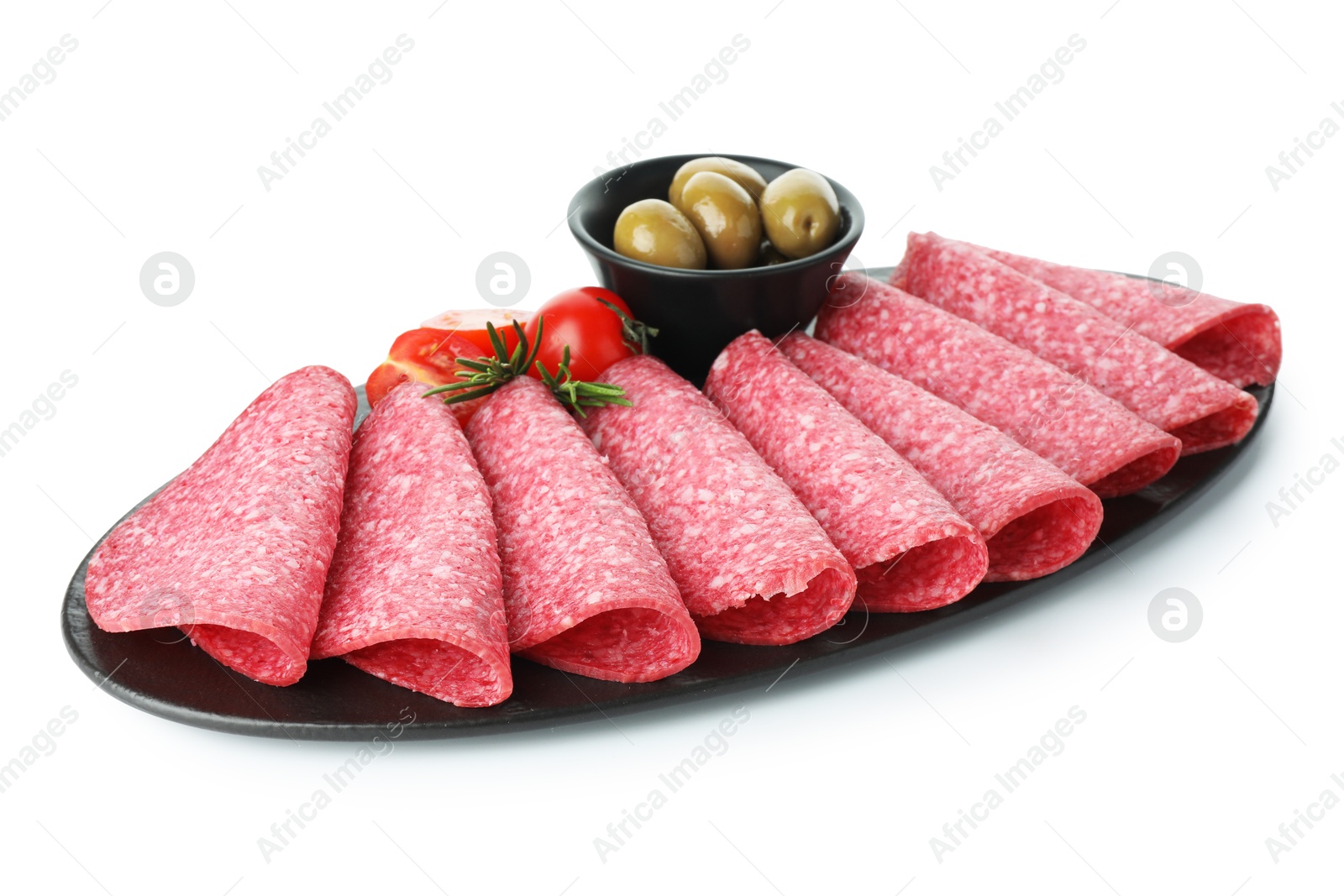 Photo of Slices of delicious sausage with olives and tomatoes isolated on white