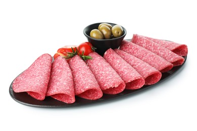 Photo of Slices of delicious sausage with olives and tomatoes isolated on white