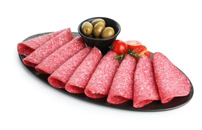 Photo of Slices of delicious sausage with olives and tomatoes isolated on white