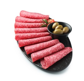 Photo of Slices of delicious sausage with olives and tomatoes isolated on white