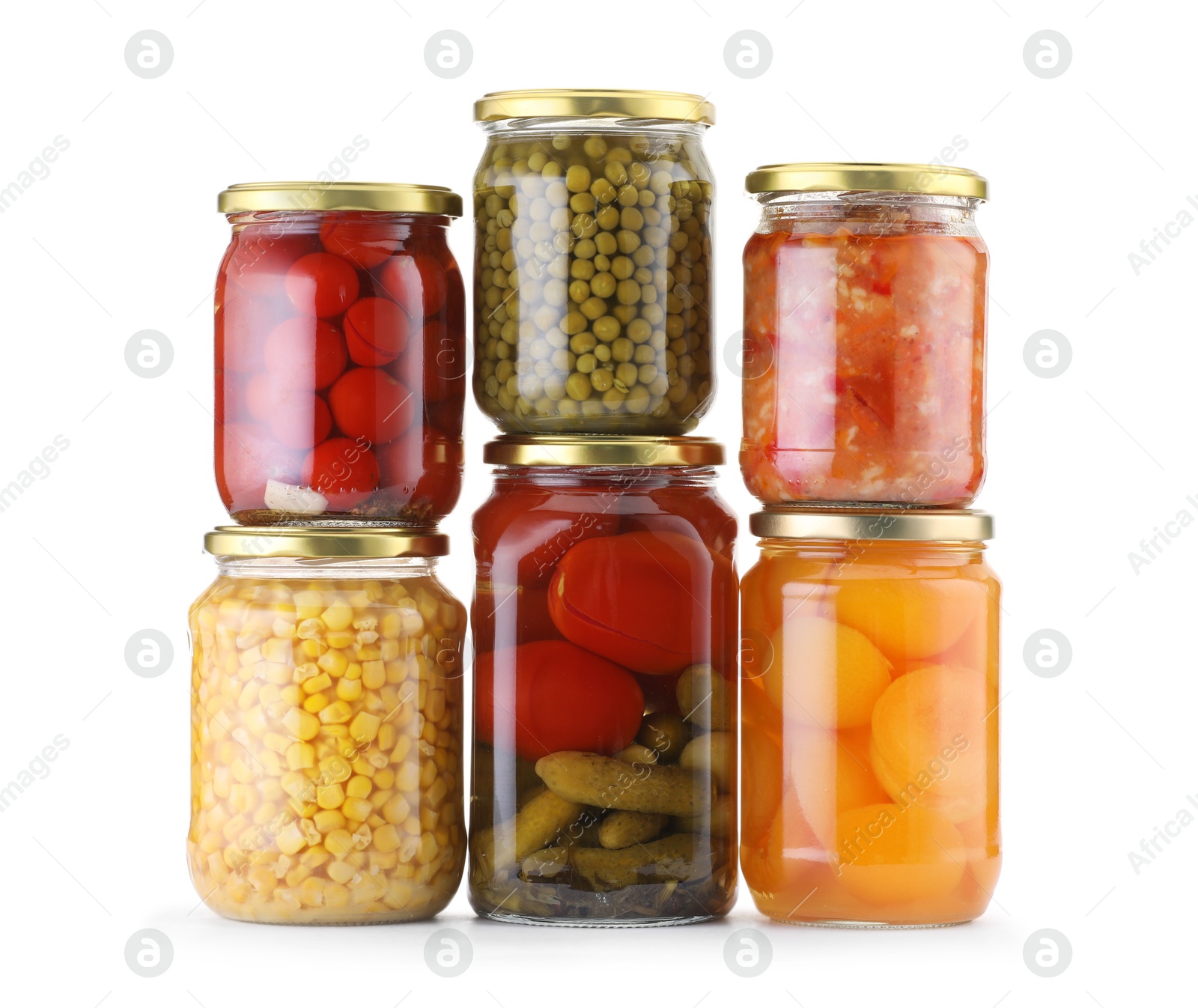 Many jars with different pickled products isolated on white Photo of Many jars with different pickled products isolated on white