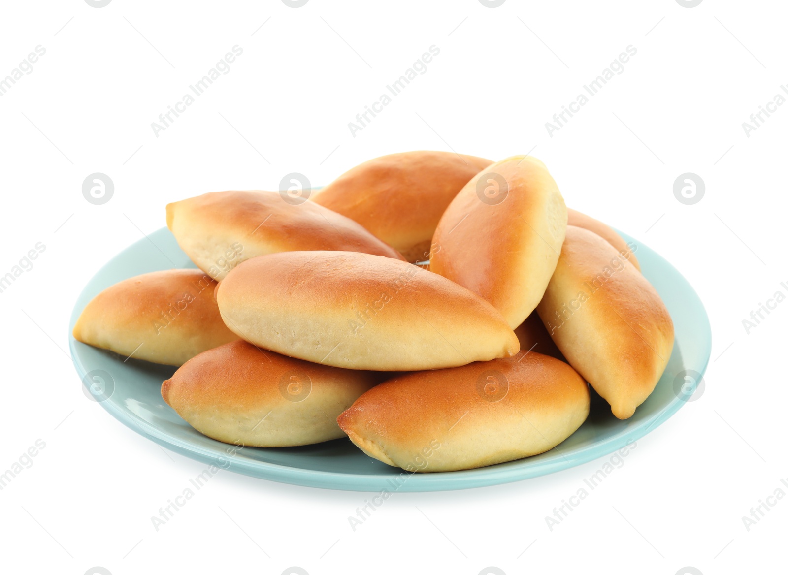 Many tasty baked patties isolated on white Photo of Many tasty baked patties isolated on white