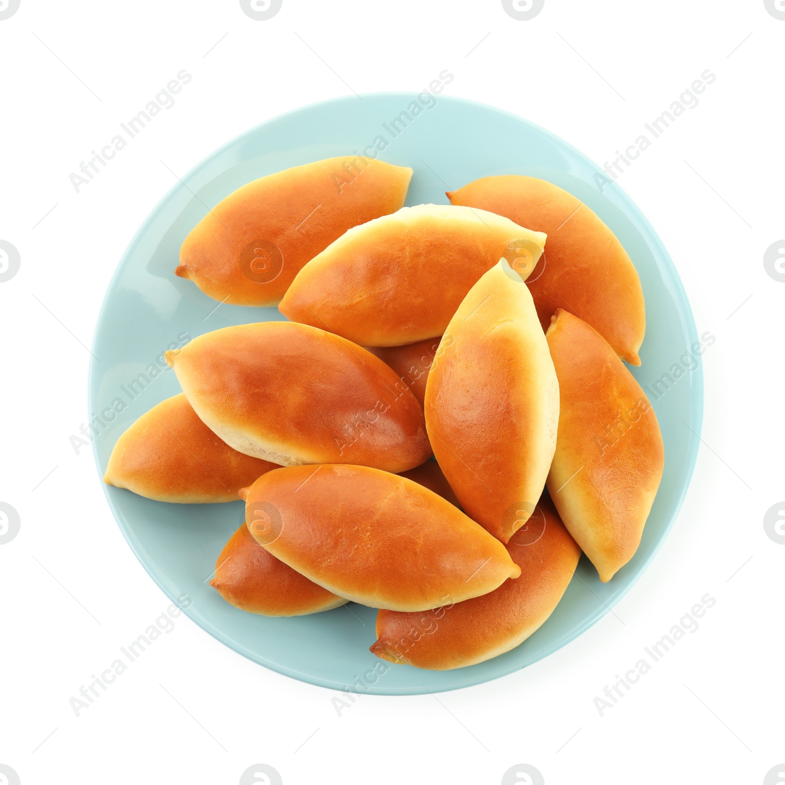Many tasty baked patties isolated on white, top view Photo of Many tasty baked patties isolated on white, top view