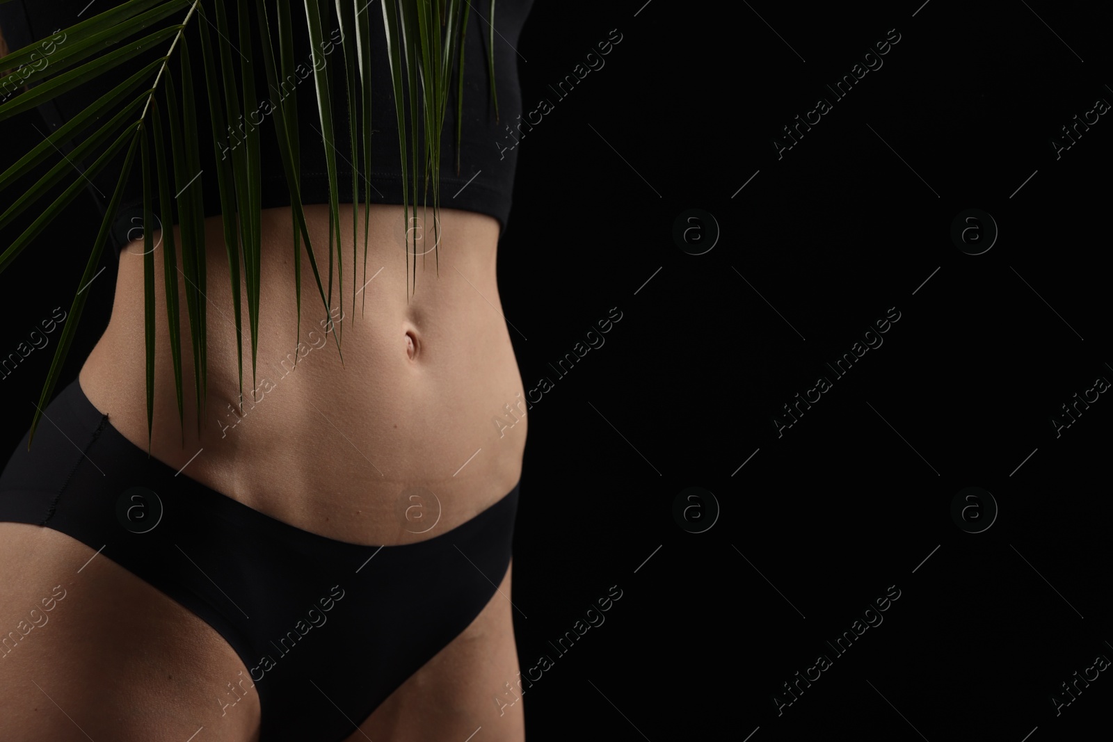 Slim woman with palm leaf in underwear on black background, closeup. Space for text Photo of Slim woman with palm leaf in underwear on black background, closeup. Space for text