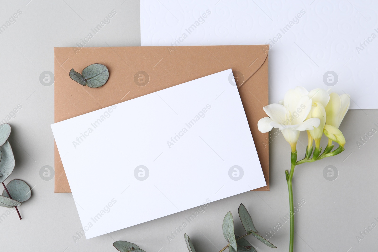 Blank greeting card, paper envelope, flower and eucalyptus leaves on light grey background, flat lay Photo of Blank greeting card, paper envelope, flower and eucalyptus leaves on light grey background, flat lay
