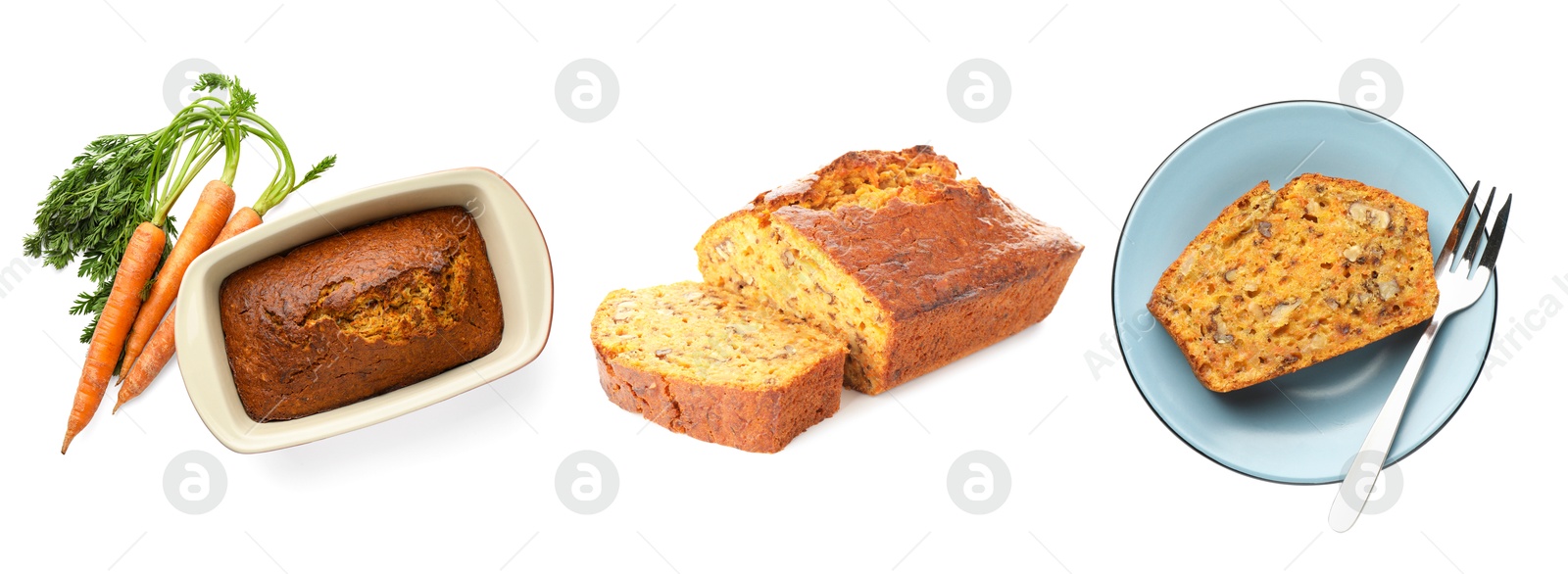 Tasty carrot cake isolated on white, set Image of Tasty carrot cake isolated on white, set