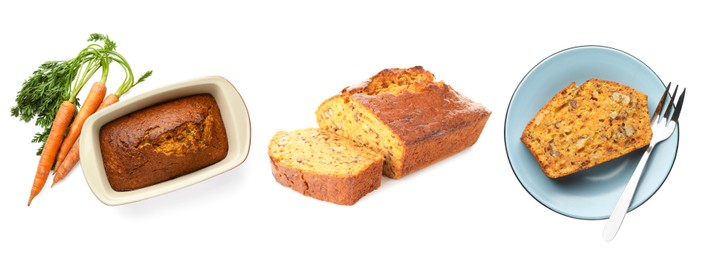 Image of Tasty carrot cake isolated on white, set