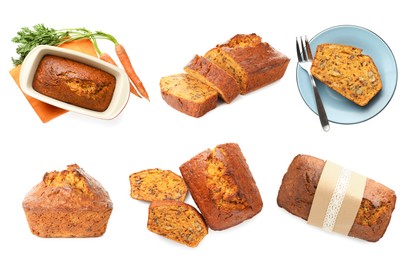 Image of Tasty carrot cake isolated on white, set