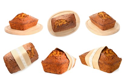 Image of Tasty carrot cake isolated on white, set