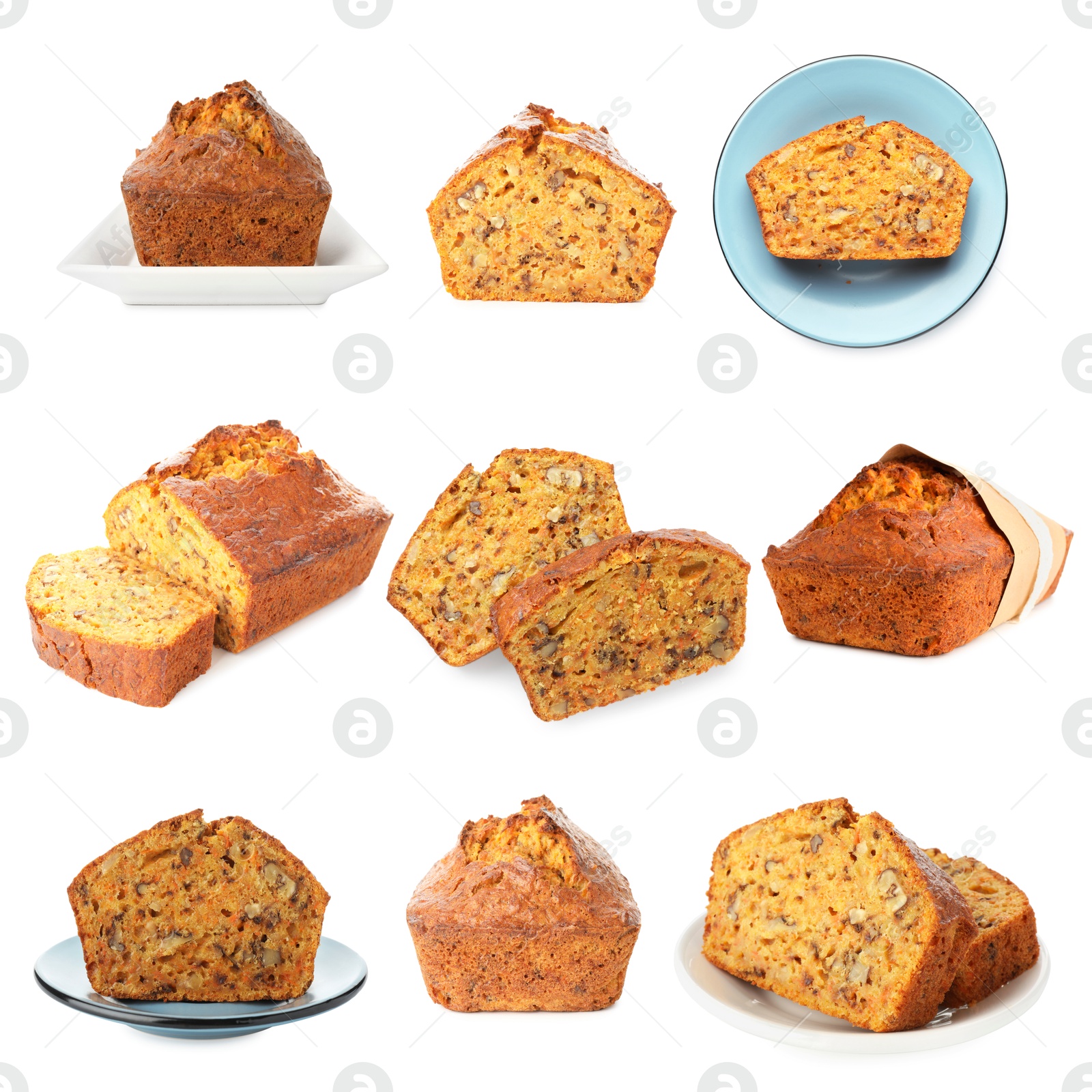 Tasty carrot cake isolated on white, set Image of Tasty carrot cake isolated on white, set