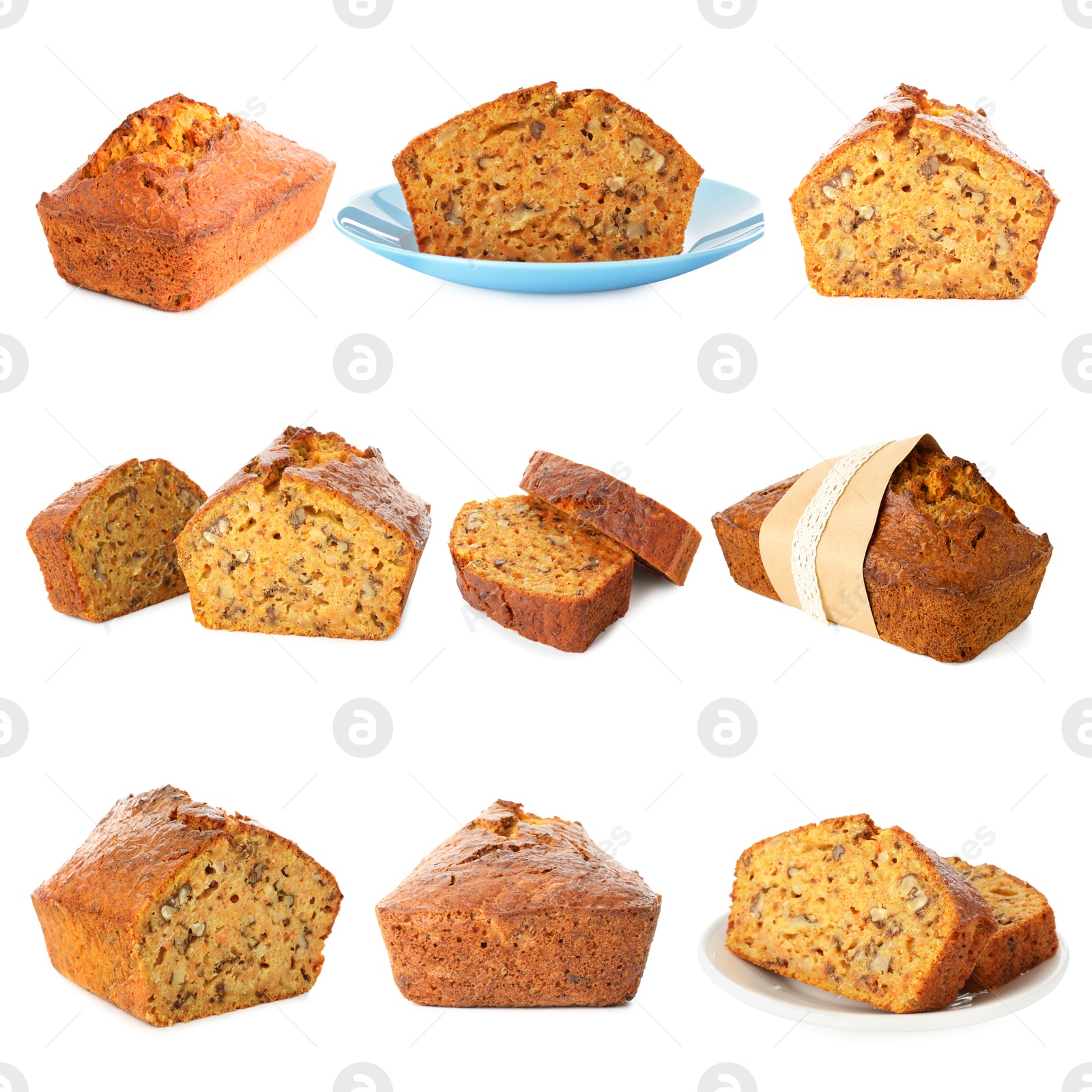Tasty carrot cake isolated on white, set Image of Tasty carrot cake isolated on white, set