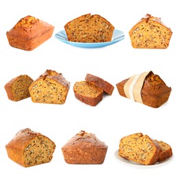 Image of Tasty carrot cake isolated on white, set