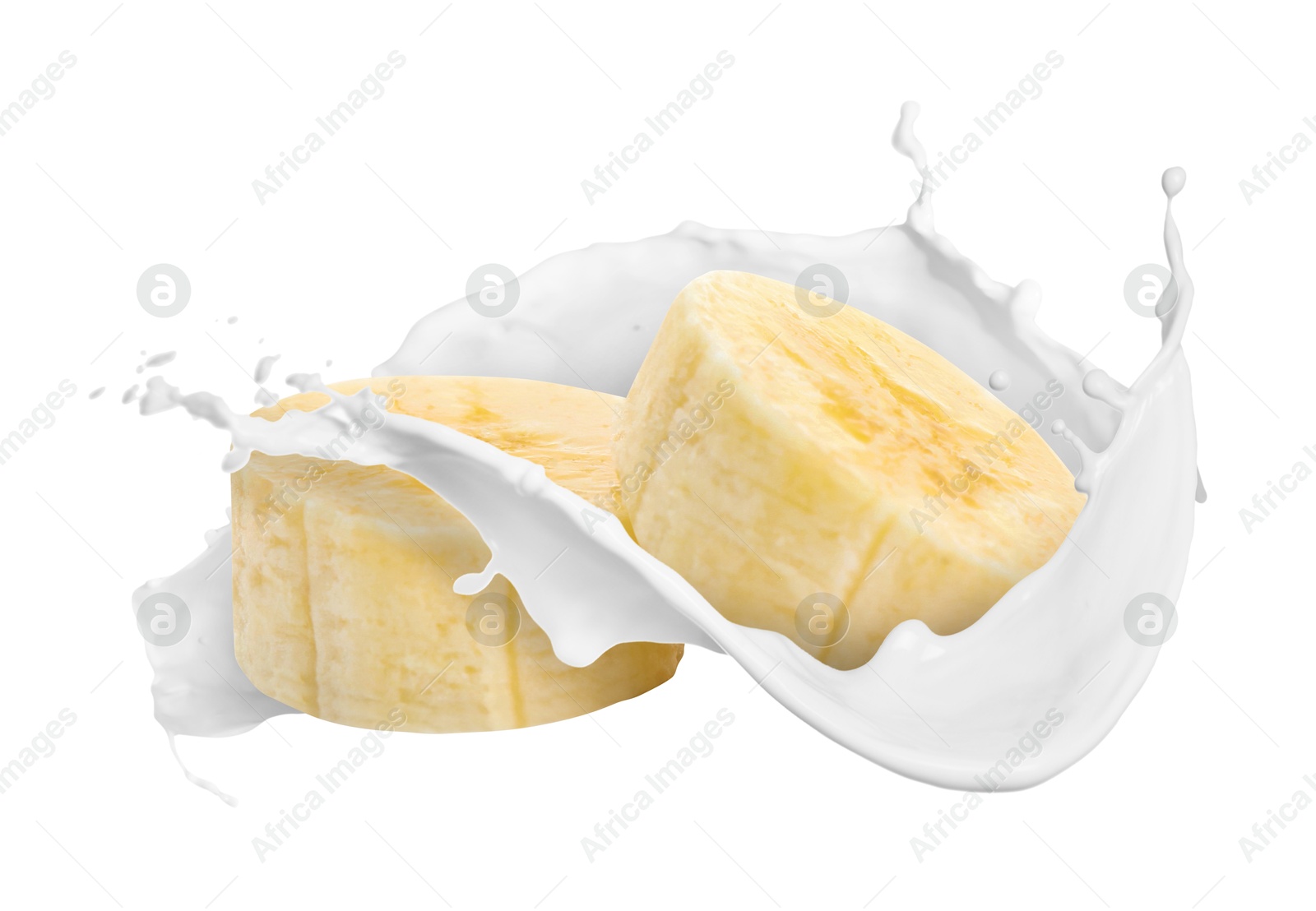 Splash of milk with banana pieces in air on white background Image of Splash of milk with banana pieces in air on white background