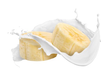 Image of Splash of milk with banana pieces in air on white background