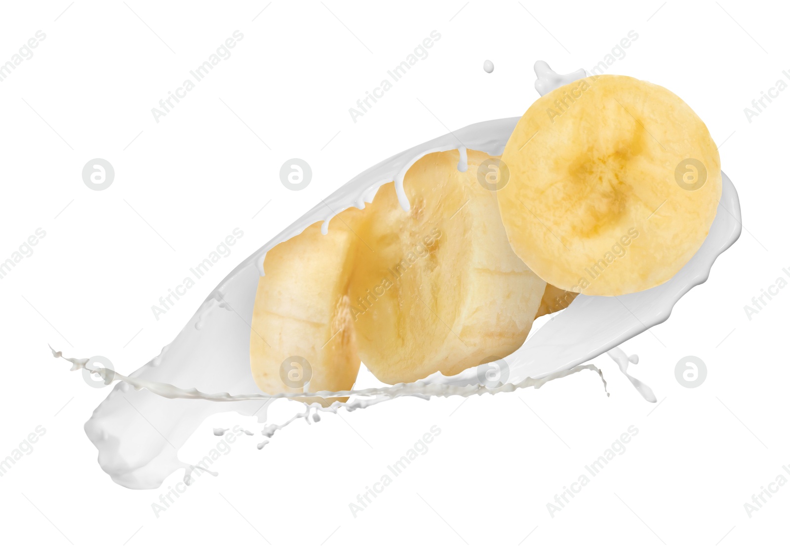 Splash of milk with banana pieces in air on white background Image of Splash of milk with banana pieces in air on white background