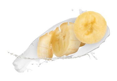 Image of Splash of milk with banana pieces in air on white background