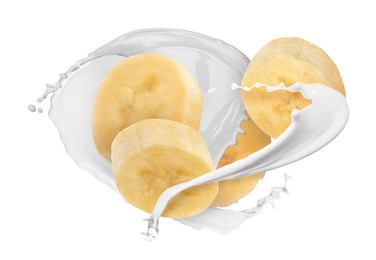 Image of Splash of milk with banana pieces in air on white background