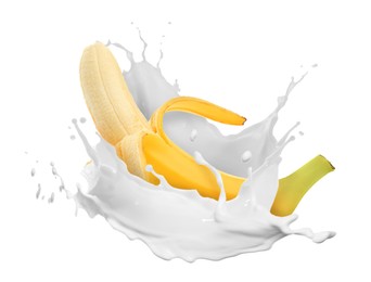 Image of Splash of milk with banana in air on white background