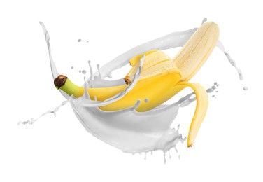 Image of Splash of milk with banana in air on white background