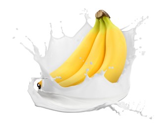 Image of Splash of milk with bananas in air on white background