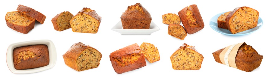 Image of Tasty carrot cake isolated on white, set