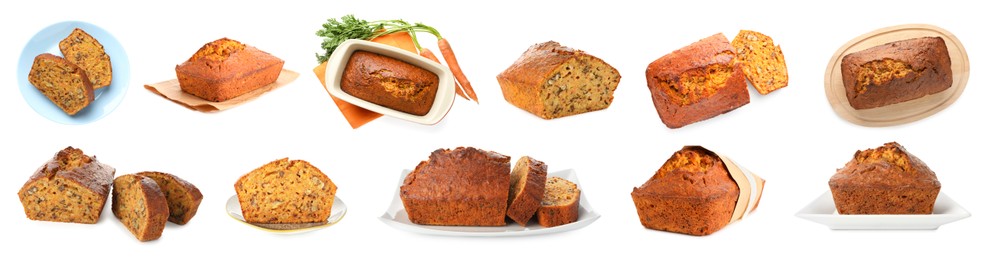 Image of Tasty carrot cake isolated on white, set