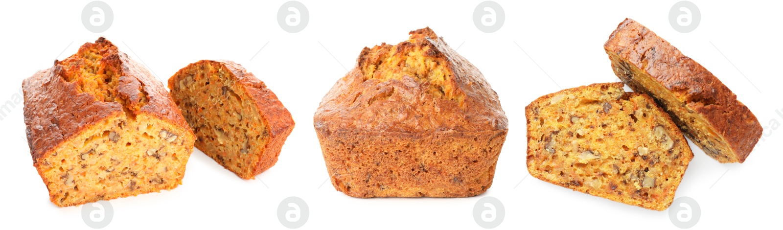 Tasty carrot cake isolated on white, set Image of Tasty carrot cake isolated on white, set