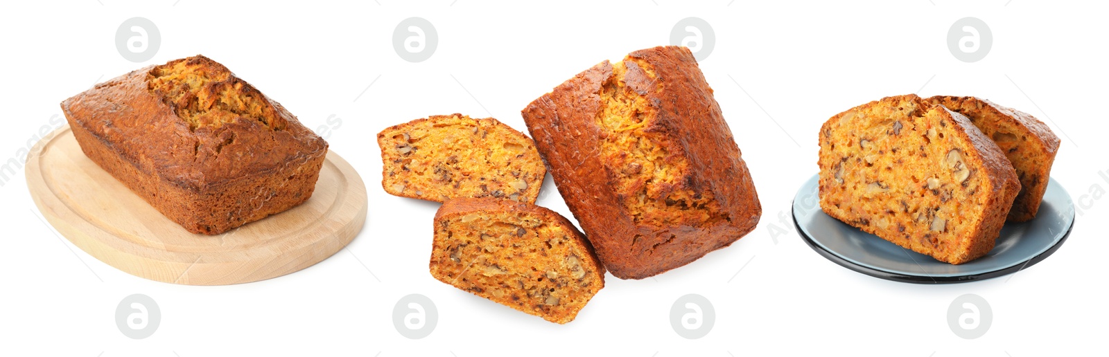 Tasty carrot cake isolated on white, set Image of Tasty carrot cake isolated on white, set