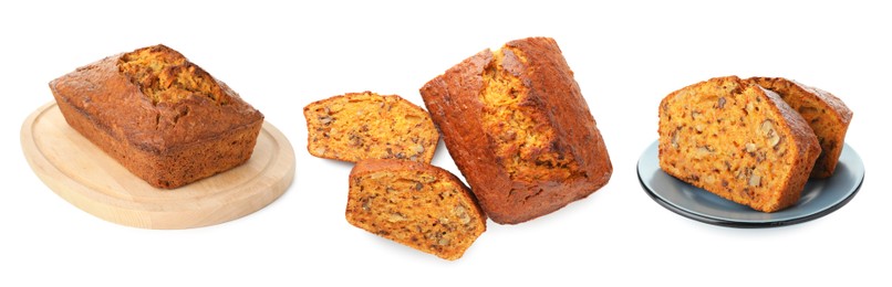 Image of Tasty carrot cake isolated on white, set
