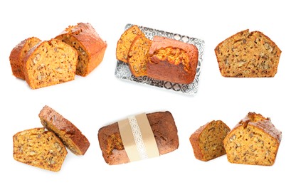 Image of Tasty carrot cake isolated on white, set