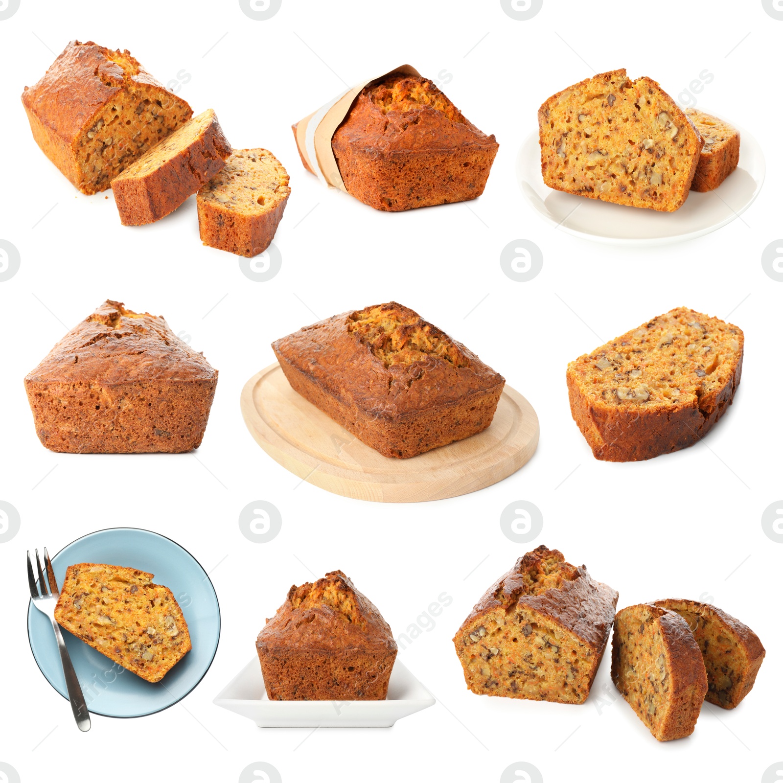 Tasty carrot cake isolated on white, set Image of Tasty carrot cake isolated on white, set