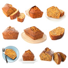 Image of Tasty carrot cake isolated on white, set