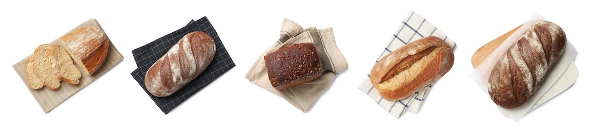 Image of Different types of bread isolated on white, set. Top view