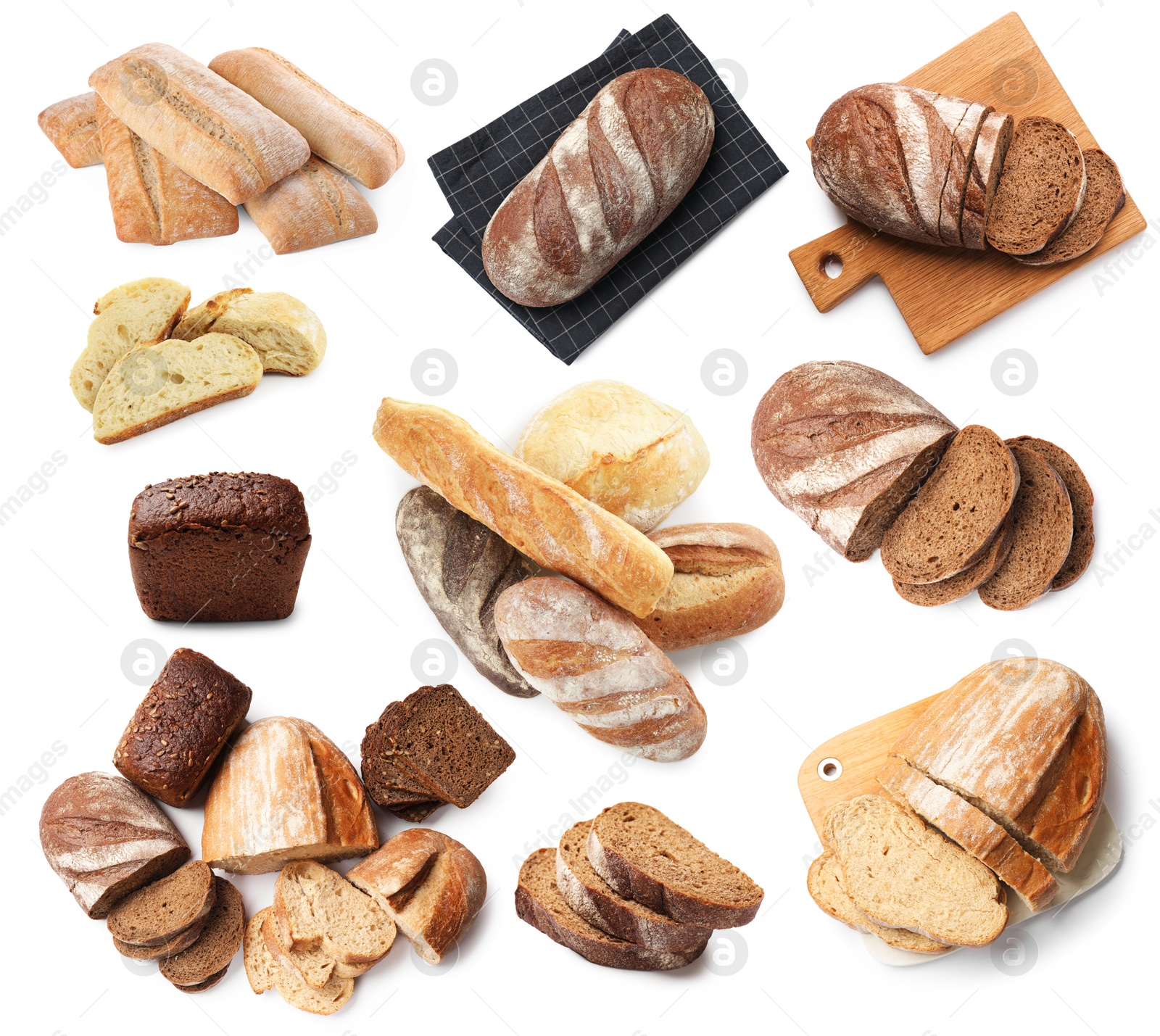Different types of bread isolated on white, set Image of Different types of bread isolated on white, set