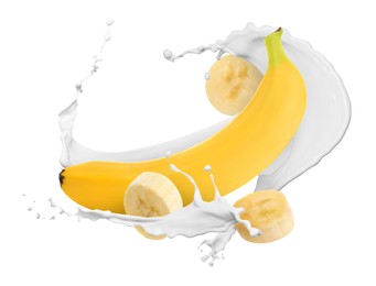 Image of Splash of milk with banana and pieces in air on white background