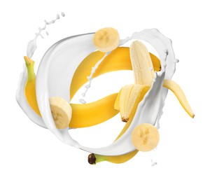 Image of Splash of milk with bananas and pieces in air on white background