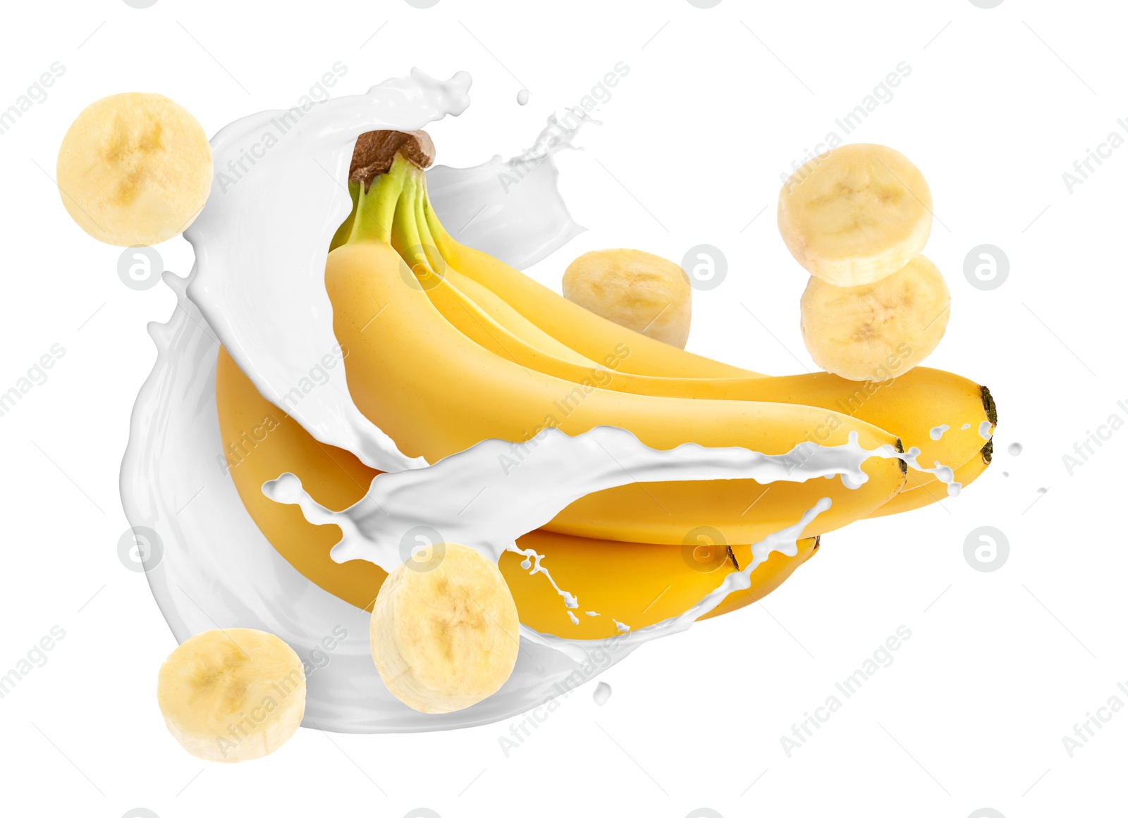 Splash of milk with bananas and pieces in air on white background Image of Splash of milk with bananas and pieces in air on white background