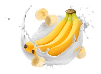 Image of Splash of milk with bananas and pieces in air on white background