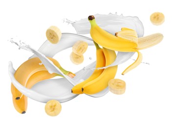 Image of Splash of milk with bananas and pieces in air on white background